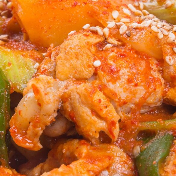 Instant pot spicy chicken stew (dakbokkeumtang). Bone-in chicken parts with vegetables and spices cooked in an electric pressure cooker. #instantpot #pressurecooker #chicken #easy #spicy #dinner #korean #homemade