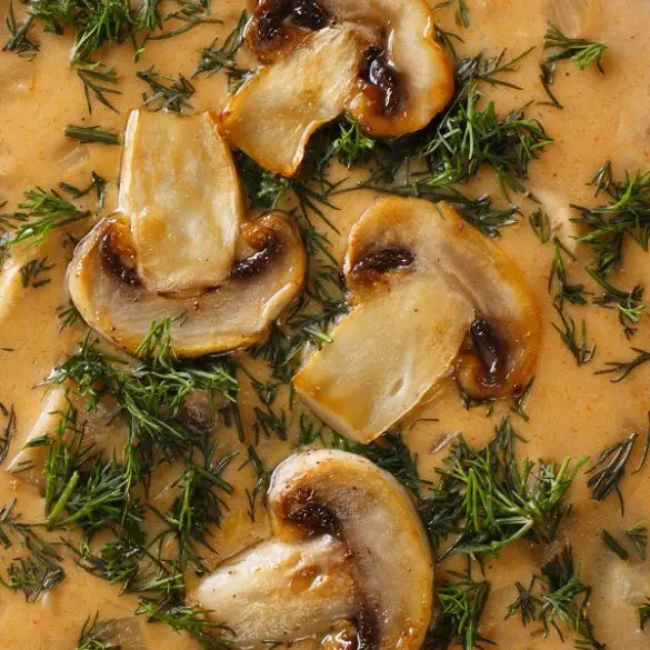 Slow cooker mushroom and dill soup recipe. This soup is a perfect dinner for cold evenings. The soup is vegetarian and gluten-free. #slowcooker #crockpot #vegetarian #vegan #soups #healthy